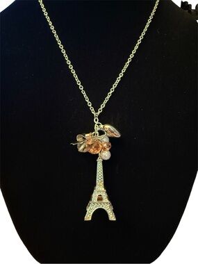 Gold Eiffel Tower Pendant Necklace with Peach and Pearl Charms